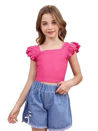 Image of OYOANGLE Girl's Casual Solid Ruffle Trim Cap Sleeve Square Neck Cute Crop Tank Tops T-Shirts