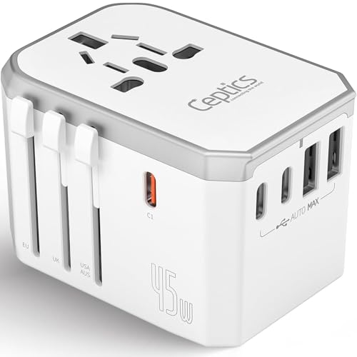 Image of Ceptics 6-in-1 Universal Travel Adapter with 2X USB-A and 3X USB-C, 45W for Global Use, Compatible with US, EU, UK & More, White