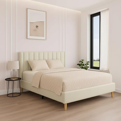 Image of Wooden Upholstered Bed Queen Size Without Storage | Wooden Queen Size Cot with Headboard | Double Size Bed for Bedroom | Palang Furniture for Guest Room, White (75x60)