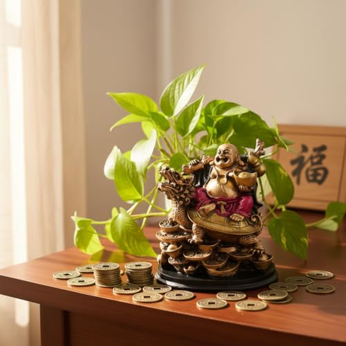 Image of HindCraft Laughing Buddha on Dragon Tortoise Showpiece for Home Decor | Feng Shui Buddha Statue for Wealth, Success, Protection & Good Luck Gift