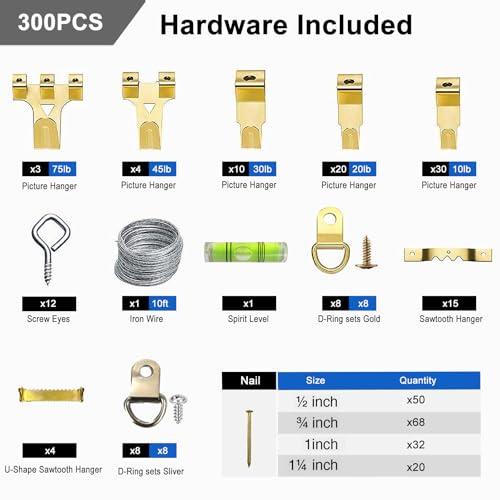 Image of Picture Hanging Kit 302 PCS, Picture Hangers, Heavy Duty Wall Hook, Picture Hanging Assortment, Picture Hanging Wire, Frame Hanging Hardware, Nails for Hanging Pictures, Plate Hangers for The Wall