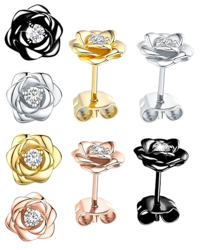 HUVZOR 4 Pares Pequeñas Pendientes Flor para Mujer Niña Hipoalergénicos Pendientes con 5A+Circonita Cúbica Pendientes Cartílago Plata/Oro/Oro Rosa/Negro Regalos de Joyería