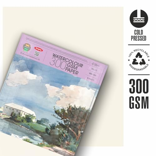 Image of Anupam Professional Watercolour Paper | A2 (60X42CM) 300 GSM Cold Pressed Paper | 5 Sheets | Ideal for Artist, Professional Drawing, Painting Dry & Wet, Fine Art, School, Students, Watercolor