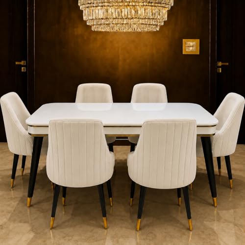 Image of WOODEN SPACE 6-Seater Wooden Dining Table Set | Nano Composite Marble Top | Solid Wood Base | Modern Dining Room Furniture with 6 Chairs (Beige)