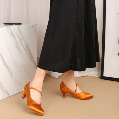 HIPPOSEUS Women's Latin Ballroom Dance Shoes Closed Toe Satin Salsa Practice Dancing Shoes Suede Sole3