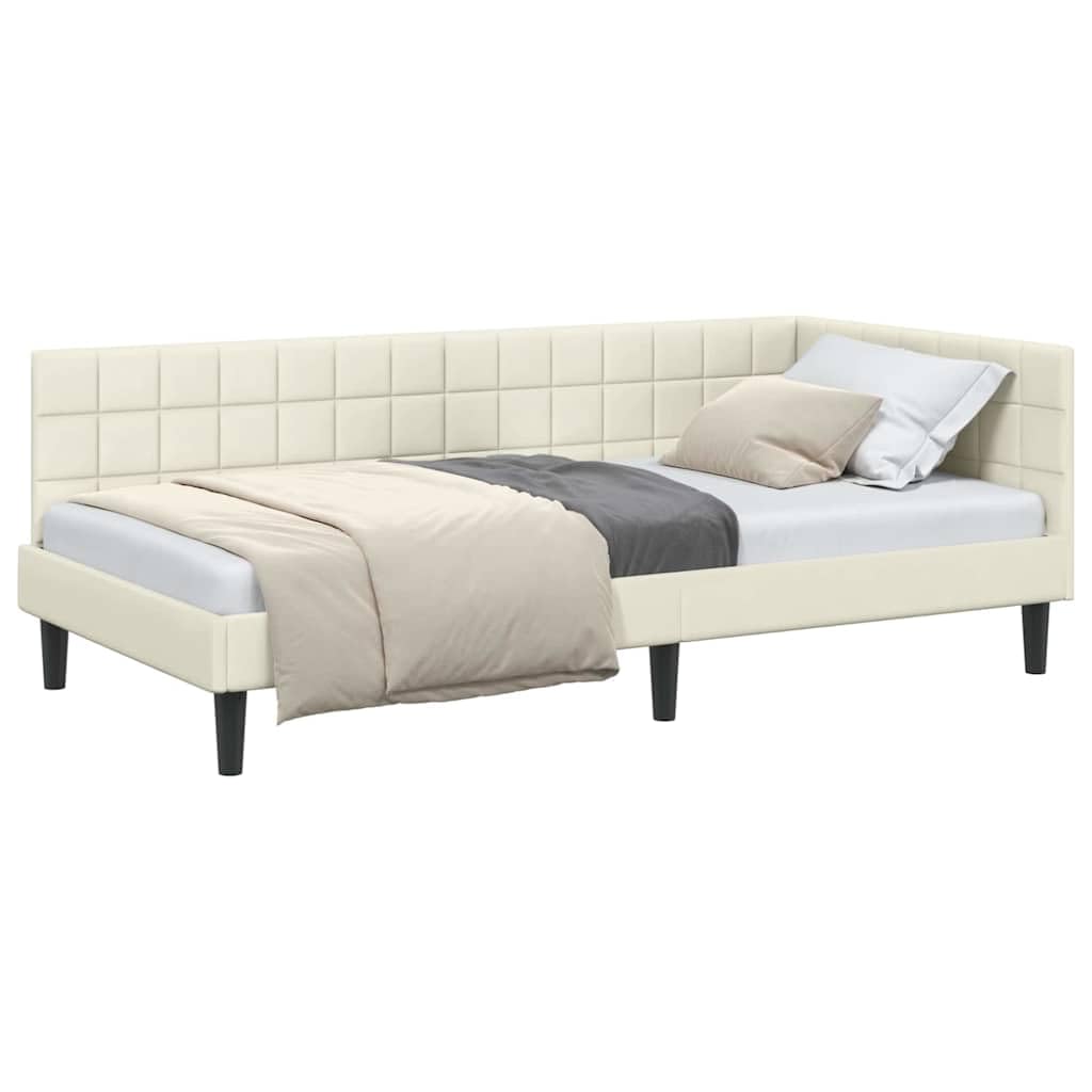 ACAGALA Letto singolo 90 x 190 cm, struttura letto con testiera e rete a doghe, letto ad angolo in tessuto senza materasso, letto per ragazzi, divano letto per camera da letto, soggiorno, crema