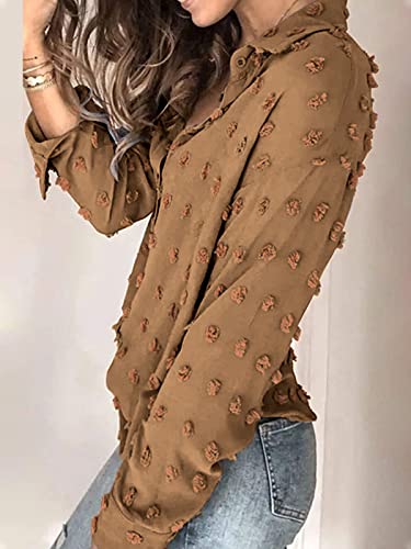 Hount Long Sleeve Tshirts For Women Chiffon V Neck Blouses Cute Roll Up Sleeve Tops (Brown,X-Large) #TOP2
