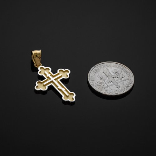 Solid 10k Gold Eastern Orthodox Cross Charm Pendant (White-and-Yellow-Gold)3