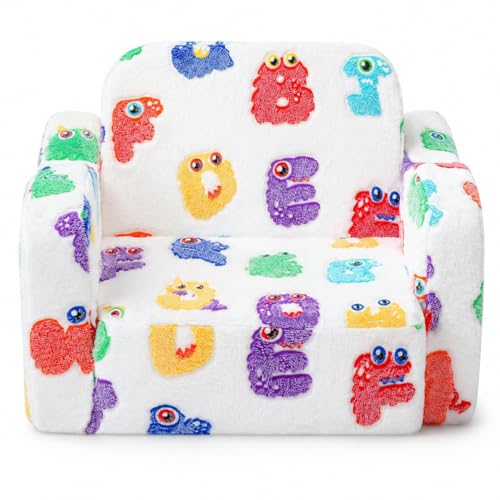 Image of MeMoreCool Kids Folding Chair, 2-in-1 Foldable Kids Sofa Couch with Glow-in-the-Dark Alphabet Monster Print, Convertible Fold Out Lounge Seat with Washable Cover, Soft Foam Chair for Playroom