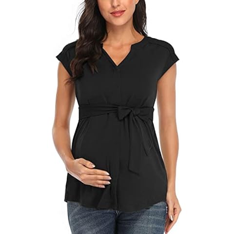 Glampunch Maternity Tops V Neck Sleeve&Long Sleeve Tunic Tops Casual Pregnancy Blouse Shirts, Short Sleeve/Black, S Cover