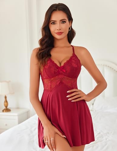 Image of Avidlove Sexy Modal V Neck Lace Babydoll Lingerie Dress Set with Thong 2 Piece