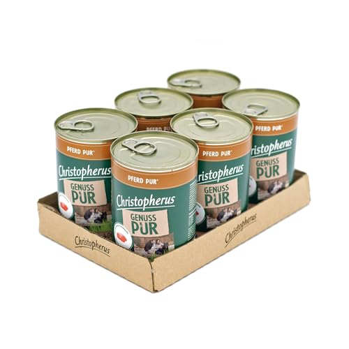 Christopherus Genuss PUR Getreidefreies Nassfutter für Hunde, Singleprotein, Pferd, Vollnahrung, 6 x 400 g Dosen