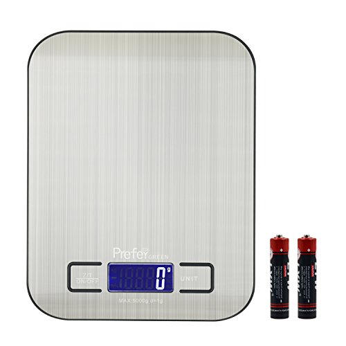 Prefer Green Digital Kitchen Scale Multifunction Food Scale, Stainless Steel, Silver, 11lb/5kg (Batteries Included)