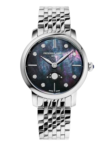 Frederique Constant Ladies Classic Slimline Moonphase Diamond Accent Stainless Steel Watch, Black Mother of Pearl Dial, Style: FC-206MPBD1S6B