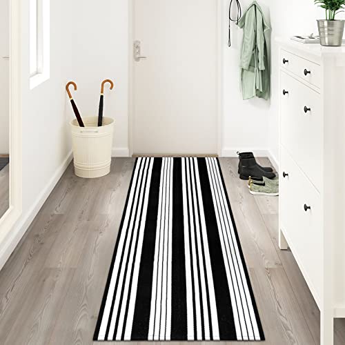 Ojia Runner Rug 2'X6', Machine Washable Black And White Rug Striped Kitchen Runner Rug Cotton Hand-Woven Farmhouse Layered Door Mats For Entryway/Laundry Room/Bedroom/Living Room #TOP4