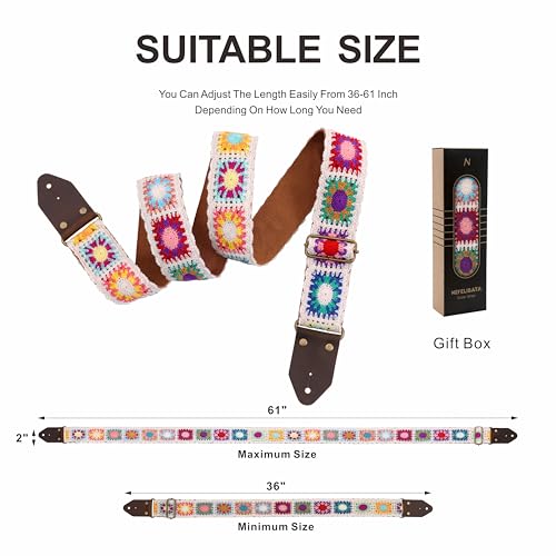 image for Nefelibata Guitar Strap,Crazy Horse Leather Jacquard Embroidery Cotton