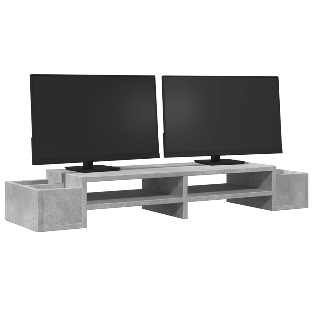 Supporto per monitor con vano portaoggetti, in legno grigio cemento, 100 x 27 x 15 cm, autoportante, 4 scomparti, per scrivania, ufficio, home office, gaming station, archiviazione ergonomica
