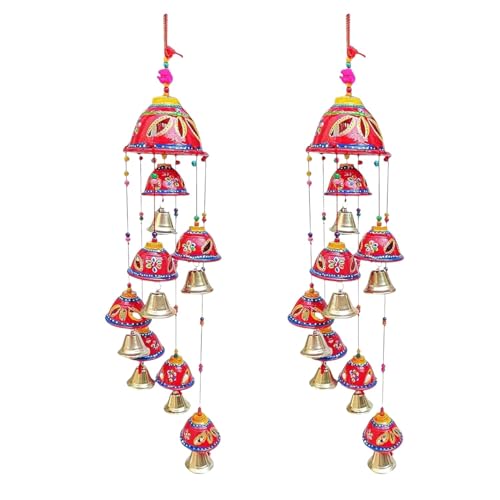 Image of Bindian Rajasthani Handcrafted 8-Bell Hanging Windchimes | Traditional Plastic Latkan for Home Decor, Vastu & Positive Energy | Elegant Wall Hanging for Balcony, Living Room (Red-2)