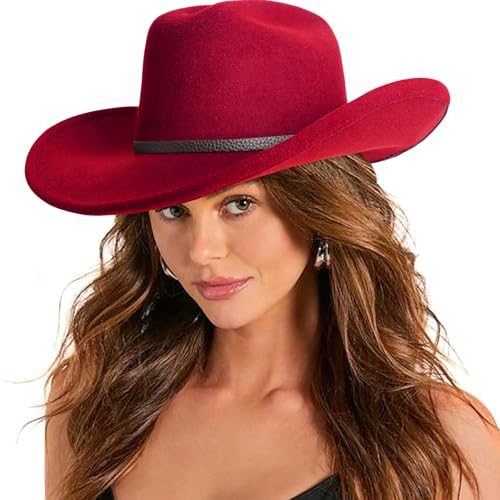 DRESHOW Cowboy Hat Adults with Shapeable Classic Wide Brim Felt Cattleman Western Hats for Men Women with Buckle Belt Unisex Rolled up Caps