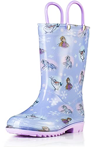 Disney Frozen 2 Girls' Anna, Elsa & Olaf Waterproof PVC Rain Boots with Easy-On Handles – Pink & Purple – Toddler & Little Kid Sizes