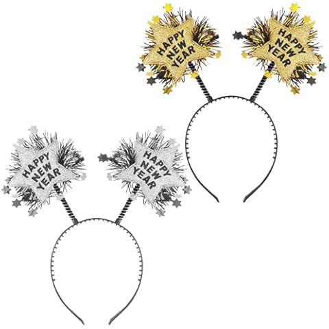 WLBON 2 Pcs Happy New Year Headband Star Hair Hoops Bands Headpiece Hairband Women Christmas Xmas New Year Eve Wedding Holiday Festival Parade Cosplay Dress Up Birthday Party Accessories Golden Silver Cover