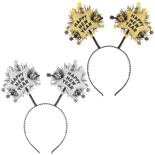 WLBON 2 Pcs Happy New Year Headband Star Hair Hoops Bands Headpiece Hairband Women Christmas Xmas New Year Eve Wedding Holiday Festival Parade Cosplay Dress Up Birthday Party Accessories Golden Silver