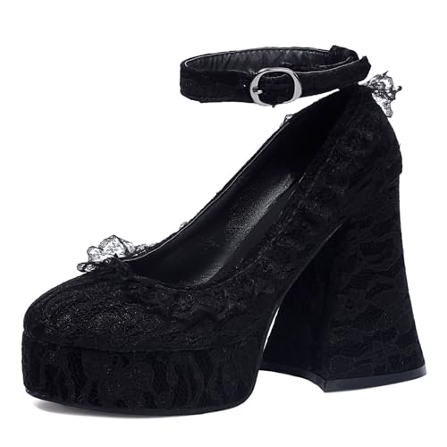 Image of KOKOMOMO Womens Lace Flower Heels Goth Platform Shoes Chunky High Heel Mary Janes Gothic Shoe