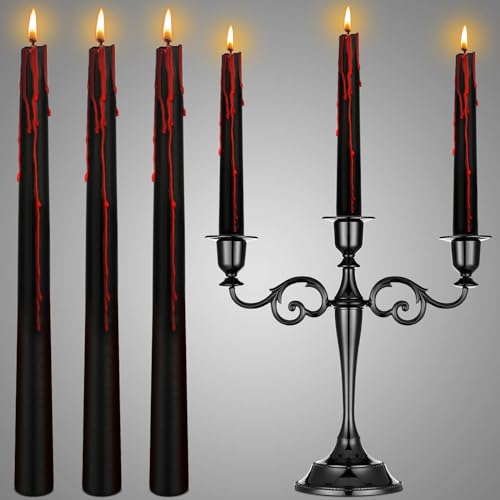 Teenyyou 6 Pcs Vampire Tears Black Bleeding Taper Candles with Holder Skull Gothic Decoration Halloween Black Tapered Tears Candles 10 Inch for Halloween(Taper)