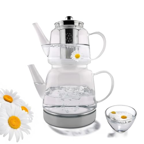 Tetera doble de cristal – 2 en 1 con colador de acero inoxidable – 1,5 litros + 600 ml – apta para inducción – cristal transparente de borosilicato – apto para lavavajillas