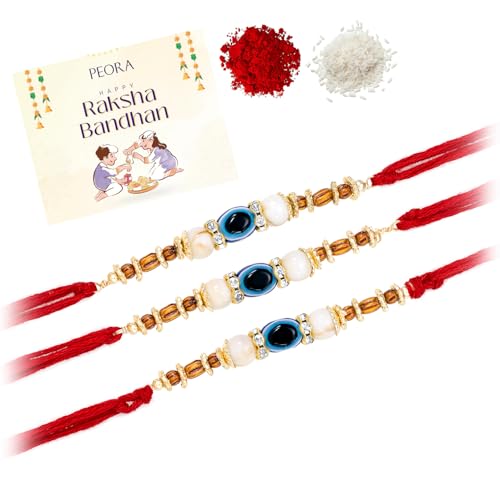 Image of Peora Evil Eye & Crystals Studded Rakhi for Brother Bhaiya | Red Thread | Raksha Bandhan Hamper with Roli Chawal Greeting Card