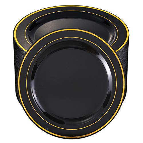 bUCLA 100 Pieces Black and Gold Plastic Dinner Plates - 10.25 inch…
