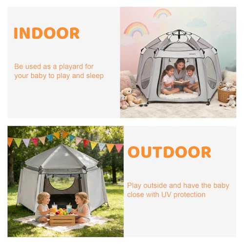 Image of Asweets 4 in 1 Pop Up Playpen Indoor and Outdoor Portable, Lightweight Baby Playpen with Travel Bag,Baby Beach Tent and Play Toddler Play Yard Canopy(Grey)