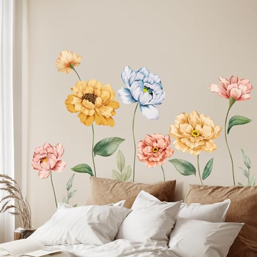 Tanlaby Stickers Muraux Aquarelle Fleur Autocollants Muraux Pivoine Coloré Floral Sticker Mural Amovible Sticker pour Salon Chambre Bureau Canapé Fond TV Décoration Murale