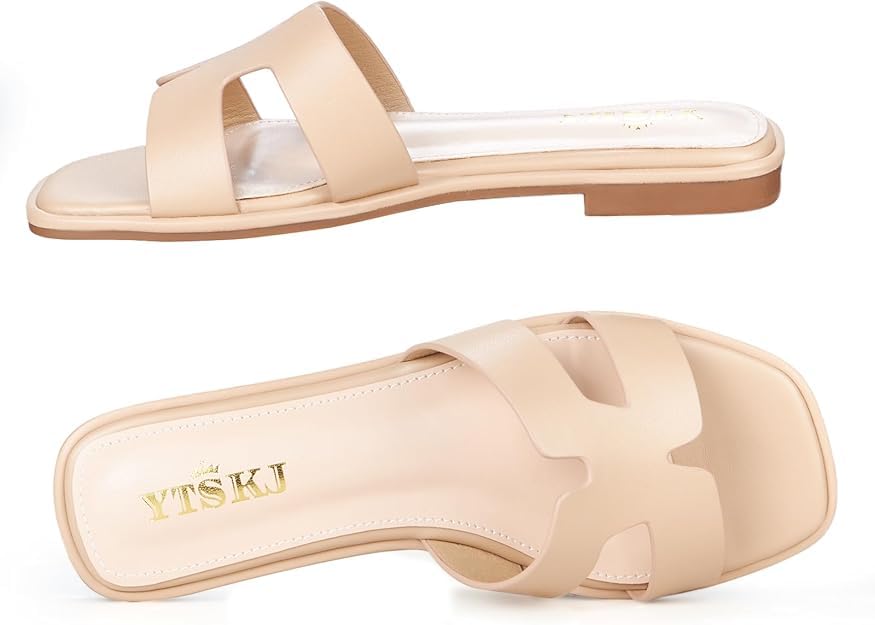 Sandals for Women 2025 Dressy Cute Summer Flat Slides Comfortable Soft Leather for Ladies Casual Square Open Toe Slip On Beach Sandals Nude 94