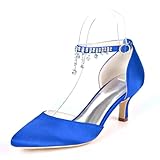 KUHAOFEU Mujer Dedo del pie Puntiagudo Tacón Alto Diamante con Correa en el Tobillo Hebillade tacón bajo Zapatos de la Corte Zapatos de Novia de Bodas,Azul,38 EU