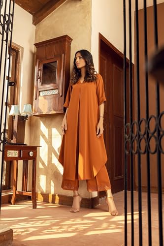 Image of ANNI DESIGNER | Women's Pure Cotton Rust Co-ord Set | A-Line Kurta with Pants | Ethnic Two Piece Set | Casual & Office Wear Coord Set for Women | Stylish Dress
