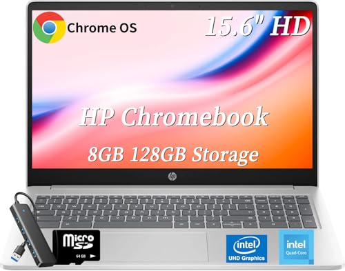 HP Chromebook Laptop Student Business, 15.6" HD Anti-Glare Display, Intel Quad-Core N200, Chrome OS, Intel UHD Graphics, 8 GB RAM, 128 GB Storage (64 GB eMMC + 64 GB MicroSD), Wi-Fi 6, w/Accessories