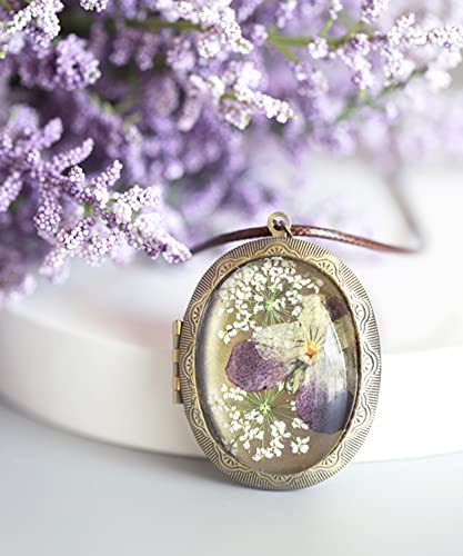 Jewelryland Handmade Oval Shaped Pressed Flower Vintage Bronze Photo Locket Resin Long Necklace (Pansy), Blue, Pink, Yellow, Purple #TOP1