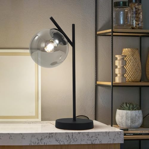 Image of Black Table Lamp Vintage Metal Desk Lamp Modern Smoke Gray Glass Globe Nightstand Lamp Nordic Bedside Lamp for Living Room Bedroom Office