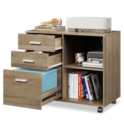 Image of DEVAISE 3 Drawer Mobile File Cabinet, Wood Lateral Filing Cabinet, Printer Stand with Open Shelves for Home Office, Gray Oak