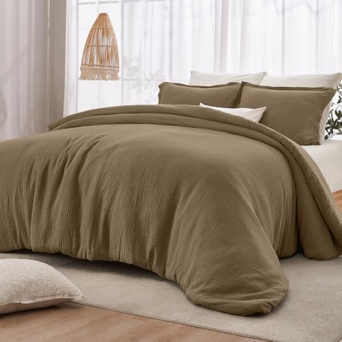 Image of PHF Cotton Muslin Comforter Set Twin, Ultra Soft Breathable, Mocha