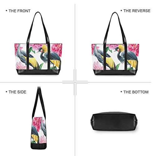 susiyo Peonies and Birds Crane Laptop Tote Bag for Women 15.6 Inch Canvas Zip Large Travel Shoulder Handbag Business Office Work Bag Briefcase3