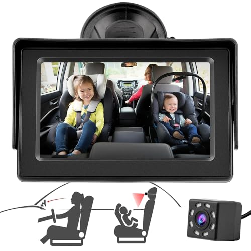 Image of Baby Car Mirror, Ba-by C-ar Seat M-irror Camera Monitored M-irror 4.3'' HD Night Vision with Wide View Angle, Aimed at Ba-by,M-irror for Ba-by Ca-r Seat Rear Facing