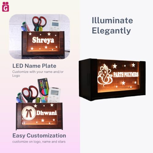 Image of Desk Organizer with LED Name Lamp | Customized Gift for Men, Women, Teachers, Doctors, Dad, Husband | Pen Holder, Table Lamp | Personalized Birthday Gift | Office Organizer - Two Box