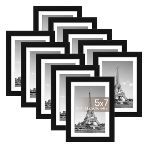 upsimples 5×7 Picture Frame Set of 10, Display Pictures 4×6 with Mat or 5×7 Without, Multi Photo Frames Collage for Wall or Tabletop Display, Black