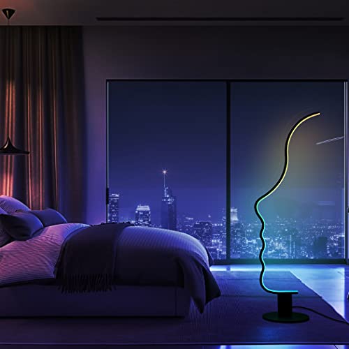 Rgbw Modern Face Floor Lamp For Bedroom Living Room, 55.5 Inches High Unique Standing Reading Dimmable Black Led Floor Lamp With Remote, Cool Ambient Lighting Changing Curved Floor Lamp #TOP7