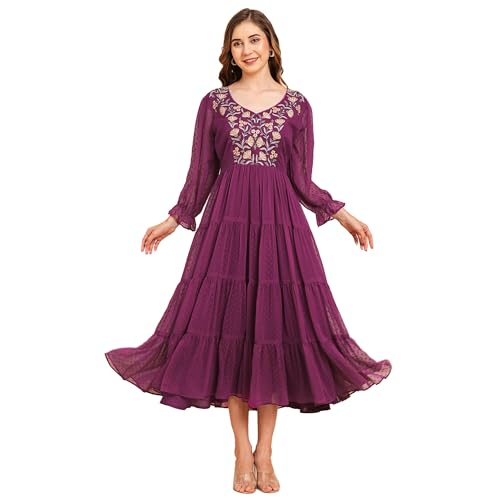 Image of RATAN Women's Floral Embroidered Puff Sleeve Chiffon Flared Tiered Kurta Gown Maxi Dress