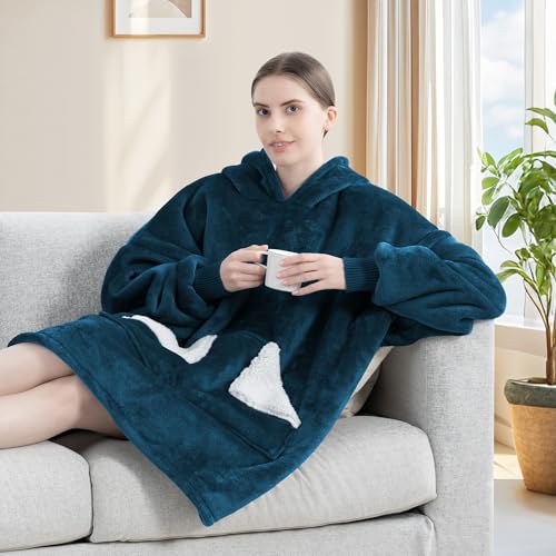 Touchat Wearable Blanket Hoodie, Oversized Sherpa Blanket Sweatshirt with Hood Pocket and Sleeves, Gifts Hooded Blanket for Adult Women Men (Dusty Blue)