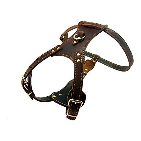 OCSOSO Durable Finest Brown Genuine Leather Dog Vest Harness Safety Dog Leather Harness Brass Plated for Medium Or Large Dogs 33.5"-35" Chest With Dog Leash Hook Cover