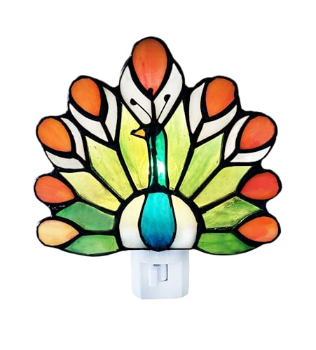 Image of Tiffany Stained Glass Peacock Night Light WKD1003 (Green、Orange) Tiffany Glass Night Light, Peacock Pattern, Stained